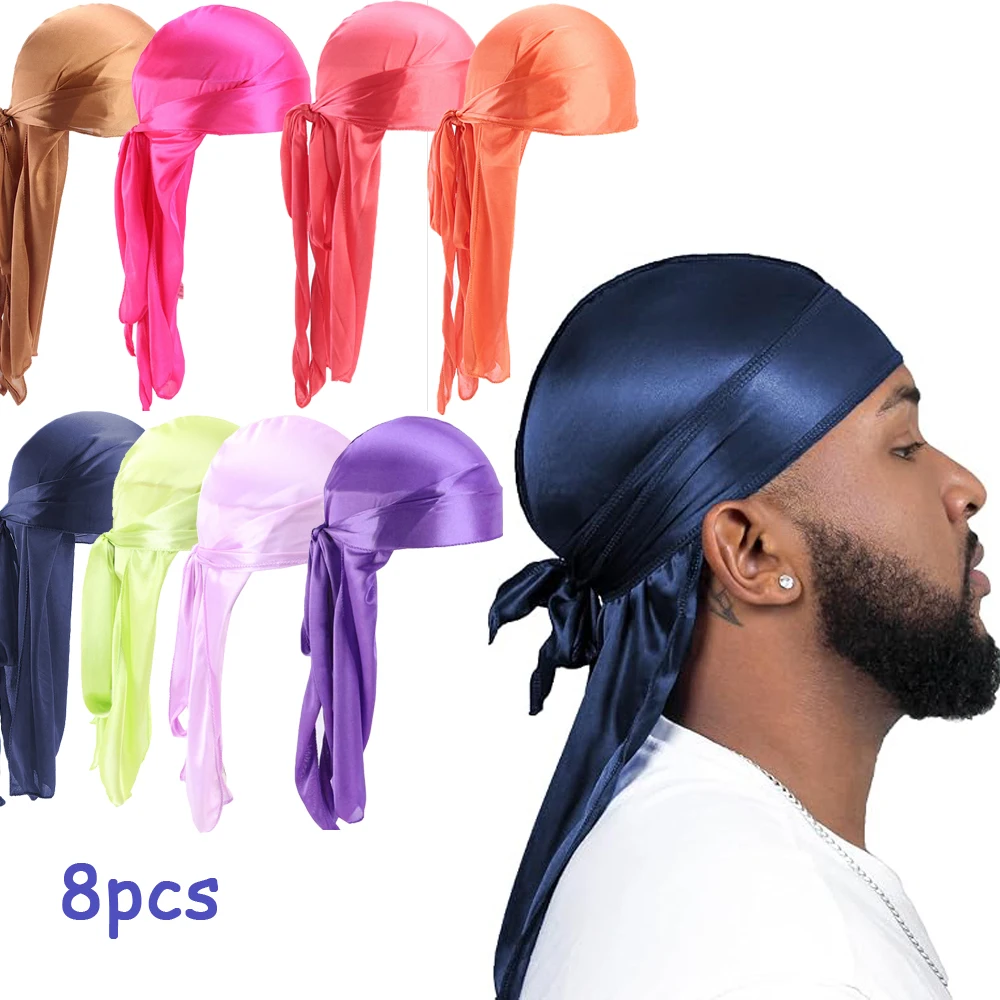 Unisex 8pcs Silky Satin Durag for Men Women Solid Color Long Tail Head Wrap Cap Bandana Headwear for Hair Protection Headscarf