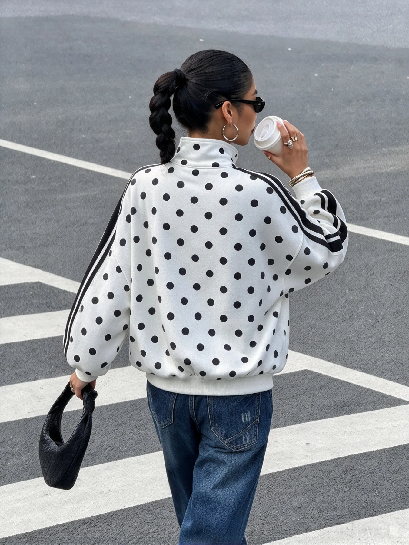 Women Fall Winter Polka Dot Side Stripe Stand Collar Zip Up Jacket Loose Casual Sports Sweatshirt