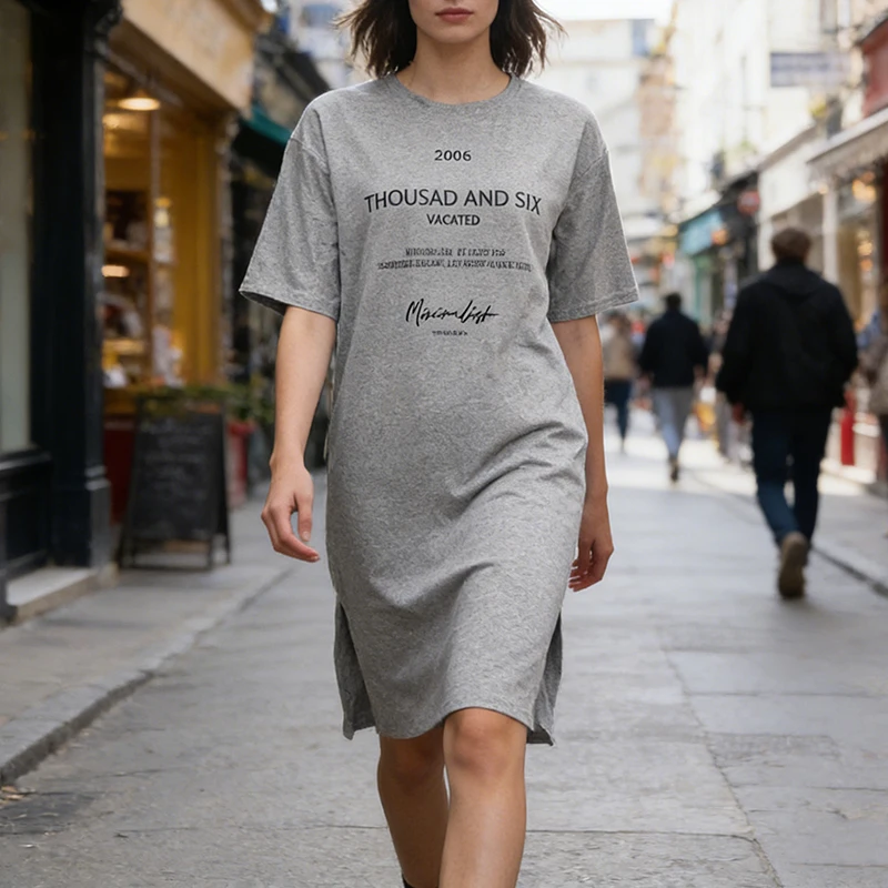 Robe T-shirt d'été pour femmes, lettre imprimée, manches courtes, col rond, ample, décontractée, coréenne, Maxi, robes ropa mujer