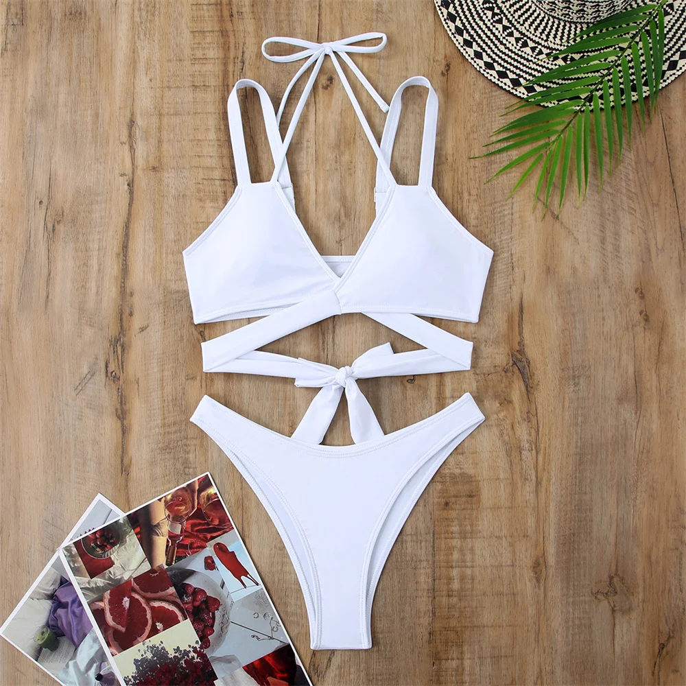

White Bikini Set Halter String Push Up Bandage Swimsuit Vacation Swimwears Micro Thong Women Two Piece Beach Outfit Bathing Suit