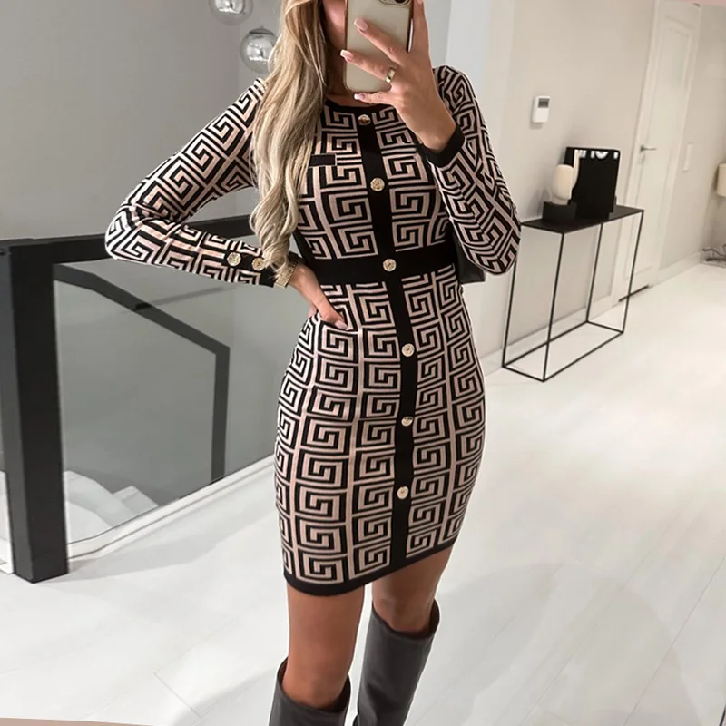 2022 Autumn Dresses For Women Fashion O Neck Long Sleeve Mini Bodycon Dress Women Vintage Print Casual Party Dress