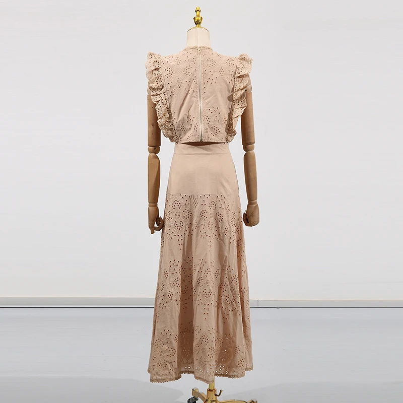 KBQ Elegant Solid Two Piece Set for Women V Neck Sleeveless Short Top High Waist Loose Long Skirts Hollow Out Set Female Fashion