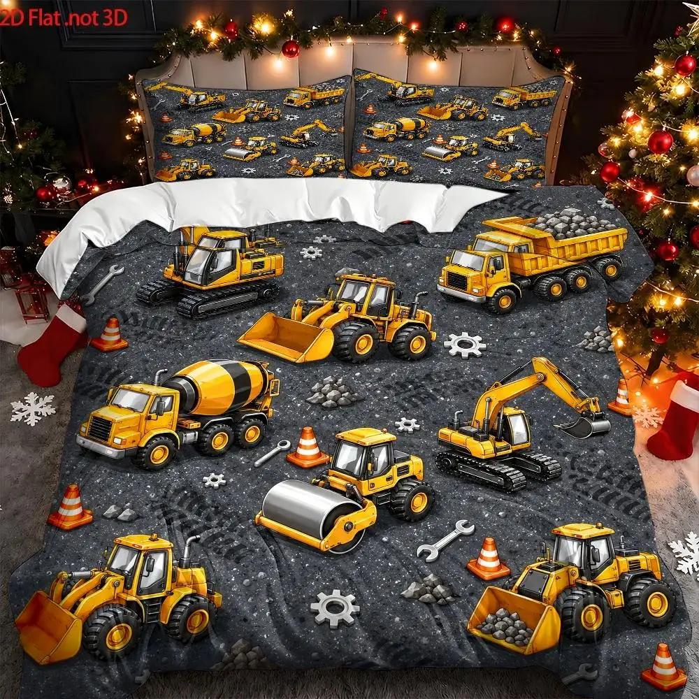 Gray Construction Vehicle Theme Duvet Cover, Three-Piece Bedding Set (1*Duvet Cover + 2*Pillowcases), Pink Halloween Decoration Comforter Sets Quilt Cover Bedding Set Breathable Polyester Invisible Zipper Machine Wash