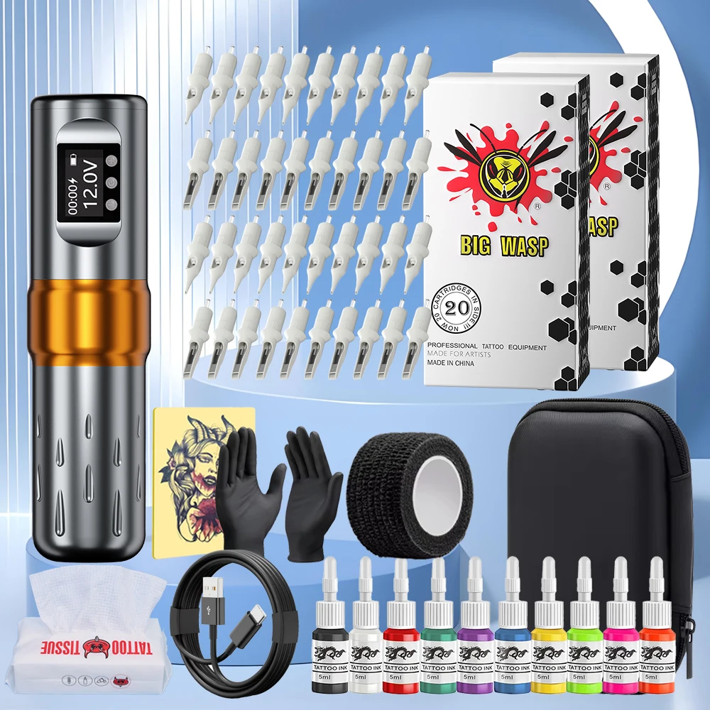 

Беспроводной набор для татуировки BIGWASP, литиевая батарея, 1800 мАч, перезаряжаемый источник питания, роторная машина для татуировки с 40 шт., набор игл для татуировки
