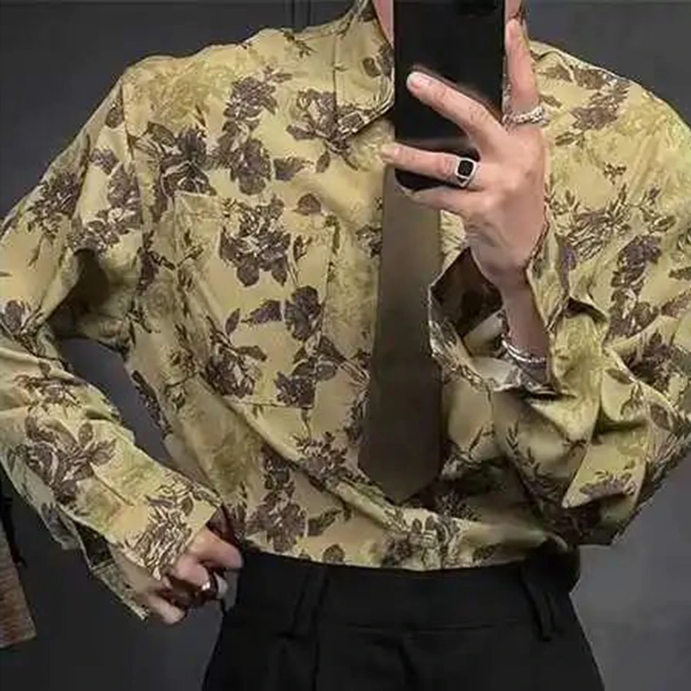 Mens Shirt Floral Print Shirt Long Sleeve Autumn British Court Style Elegant Retro Thin Casual Long Sleeve Top Men'S Clothing