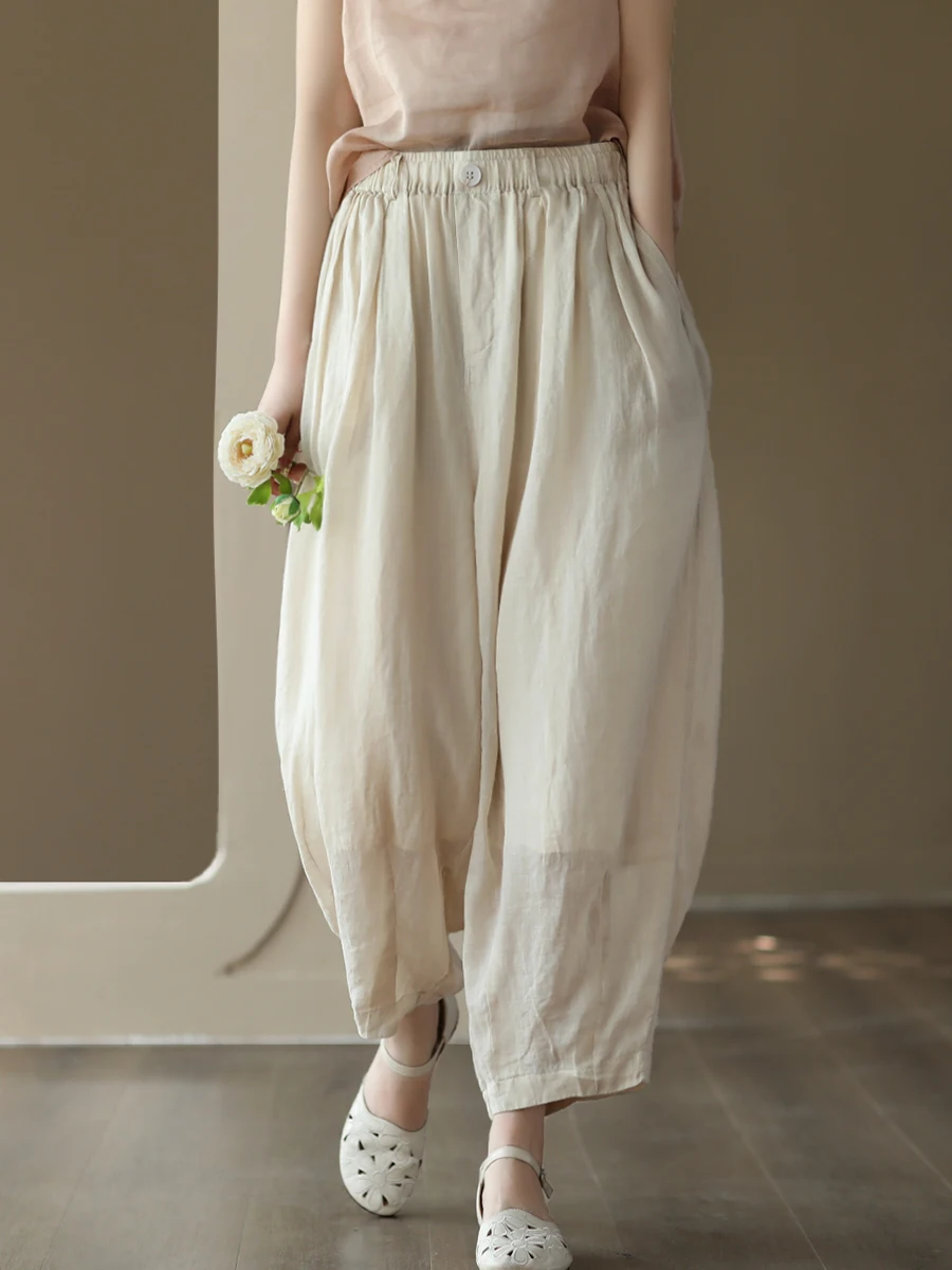 Retro Double Layered Anti-Light Lantern Pants Women's Summer Artistic Casual Slim Wide Leg Pants Draping Harem Trendy