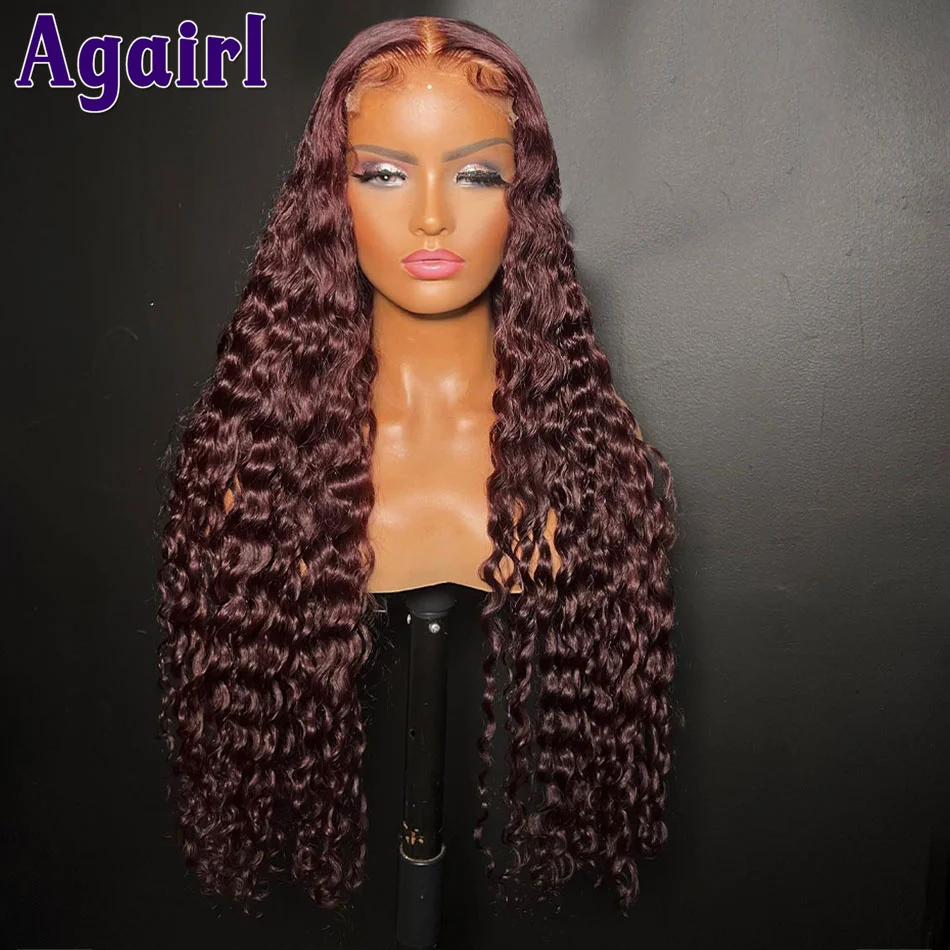 

34 Inch 13x4 Lace Front Deep Curly Human Hair Wigs 200% Dark Red Burgudy 99J 13X6 Water Wave Lace Frontal Wigs For Black Women