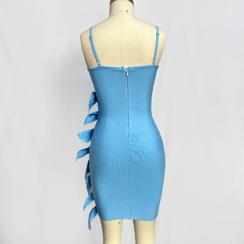 Robe à Bandes Bleu Ciel pour Femme, Vente en Gros d'Usine, Bretelles Sqaghetti, Rosette Creuse, Sexy, Célébrité, Cocktail