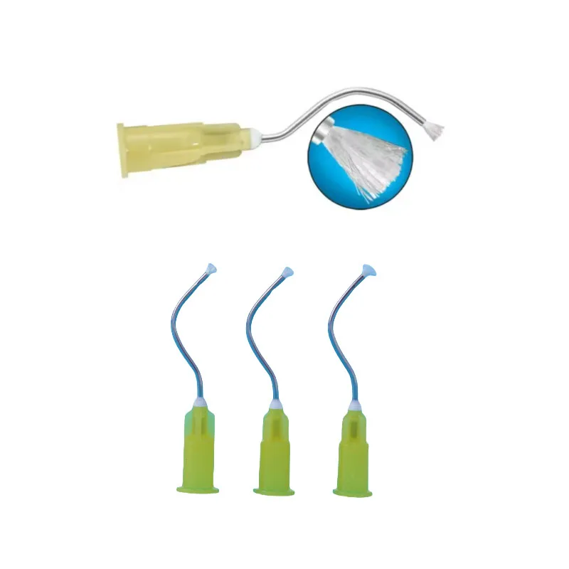 100Pcs/Box Disposable Applicator Pre Bent Needle Delivery With Soft Brush  Dental Metal Infusor Yellow Tip With Brush