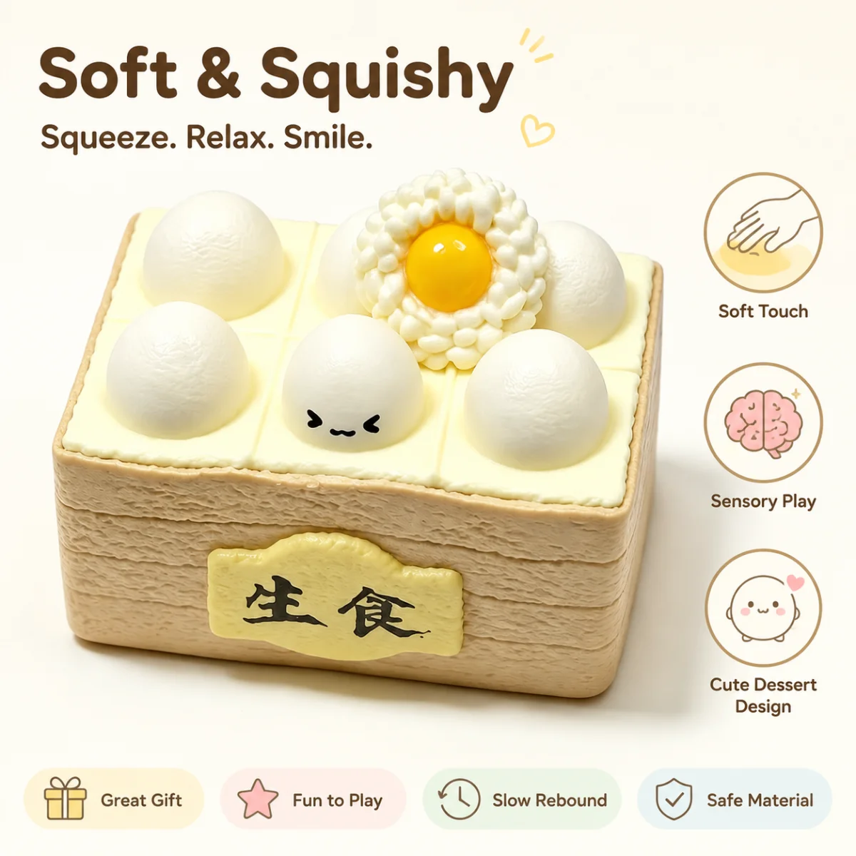 Rice Bento Squishy Toy Food Grade Silicone Soft Pinch Toy Realistic Food Shape Stress Relief Hand Toy Cute Decorative Fidget Toy