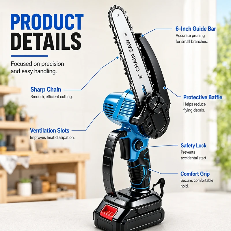 6 Inch One Hand Mini Cordless Chainsaw 21V Rechargeable Lithium Electric Pruning Saw Portable Handheld Power Chain Saw with Safety Lock for Yard Tree Trimming Branch Pruning Firewood Cutting Home Garden DIY Woodworking Tools