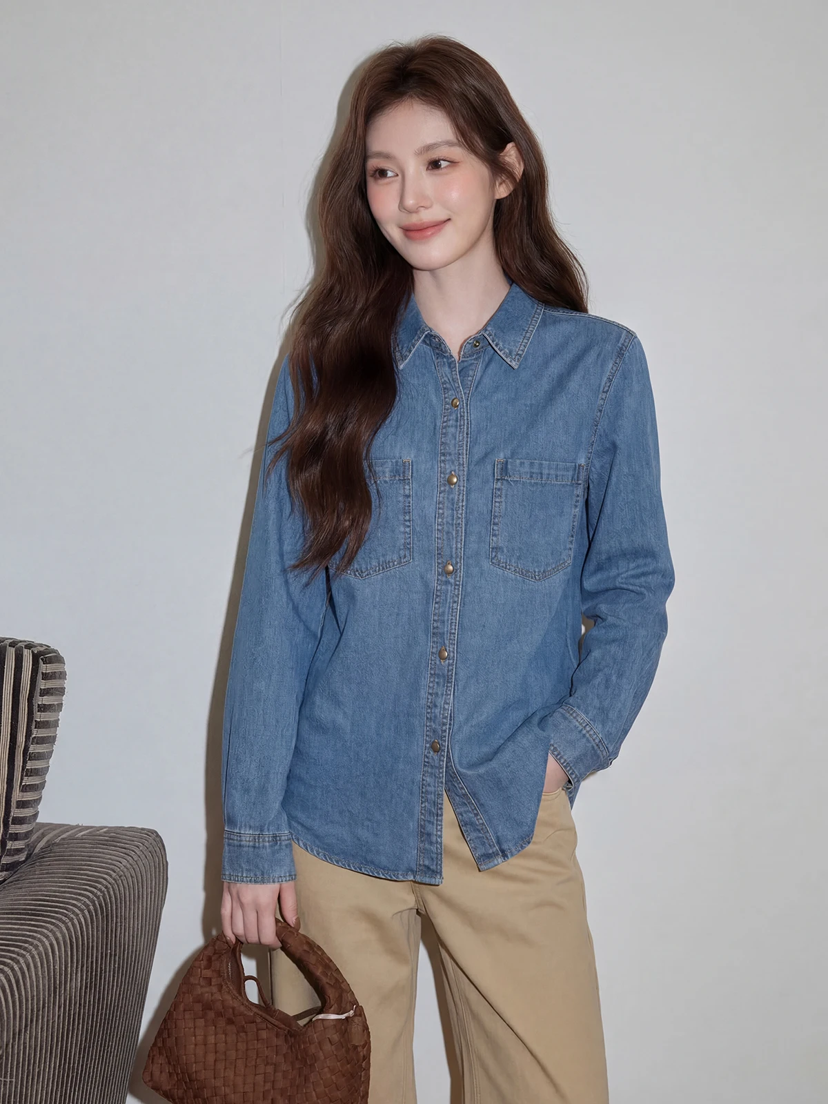 

Blue Denim Long Sleeve Women's Shirt Casual Loose Slimming Spring New Style Korean Design Casual Top for Young Girls