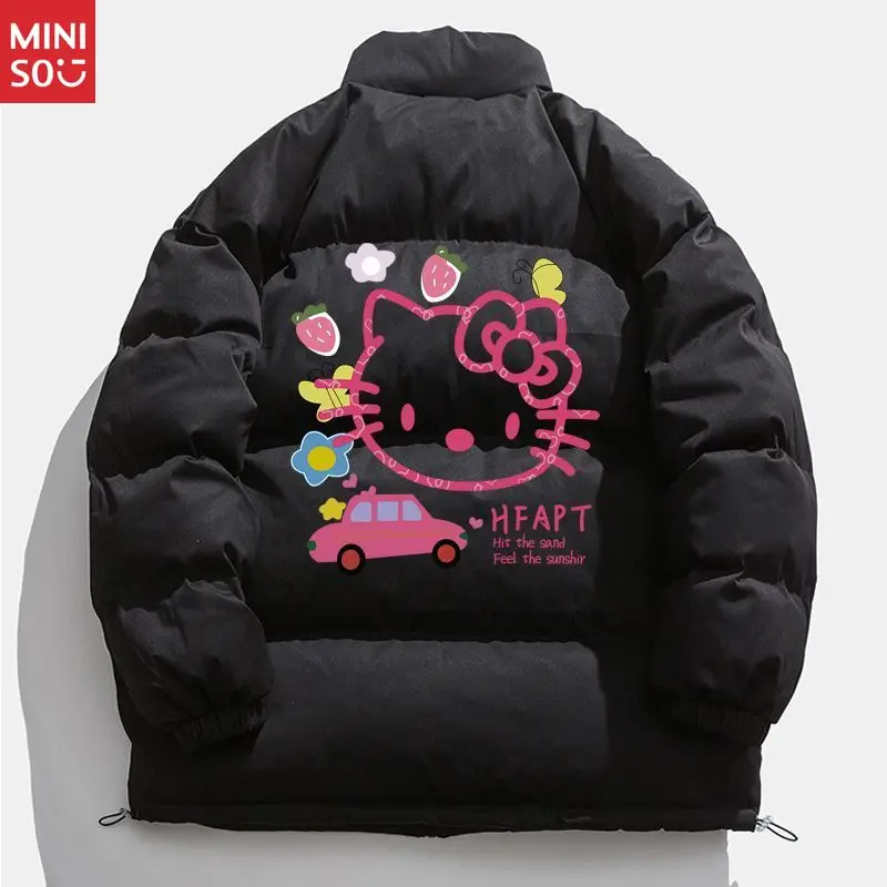 سترة منتفخة من Miniso Hello Kitty، معطف شتوي بياقة واقفة مع سحاب