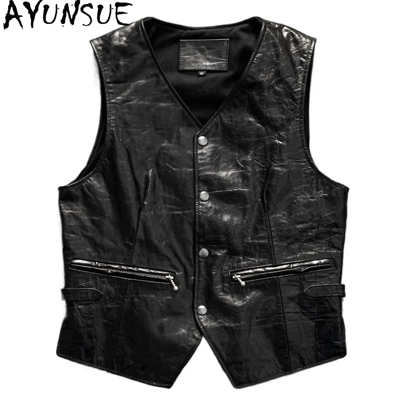 AYUNSUE Men's Leather Vest Vegetable Tanned Top Layer Goatskin Motorcycle Genuine Leather Jacket of Man Windproof Waistcoat 가죽점퍼