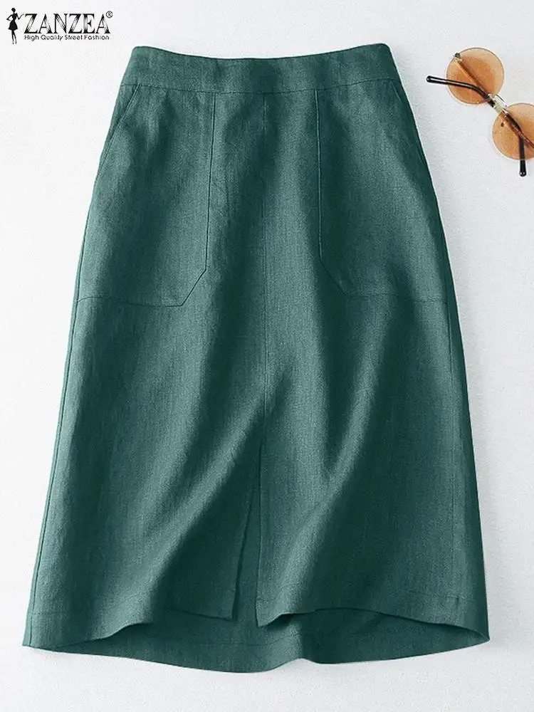 

ZANZEA Elastic Waist Casual Faldas Mujer Women Cotton 2024 Summer Commute Midi Skirts Solid Color Daily Elegant Pencil Jupes