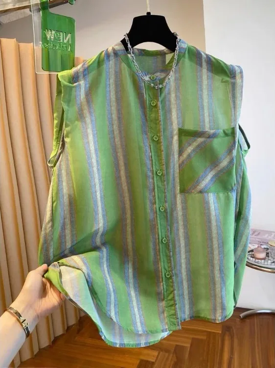 

Loose Lightweight Svel Women's irt Stripe Pattern een Color Summer New Sle Faionable Top V-ne Button Cl...