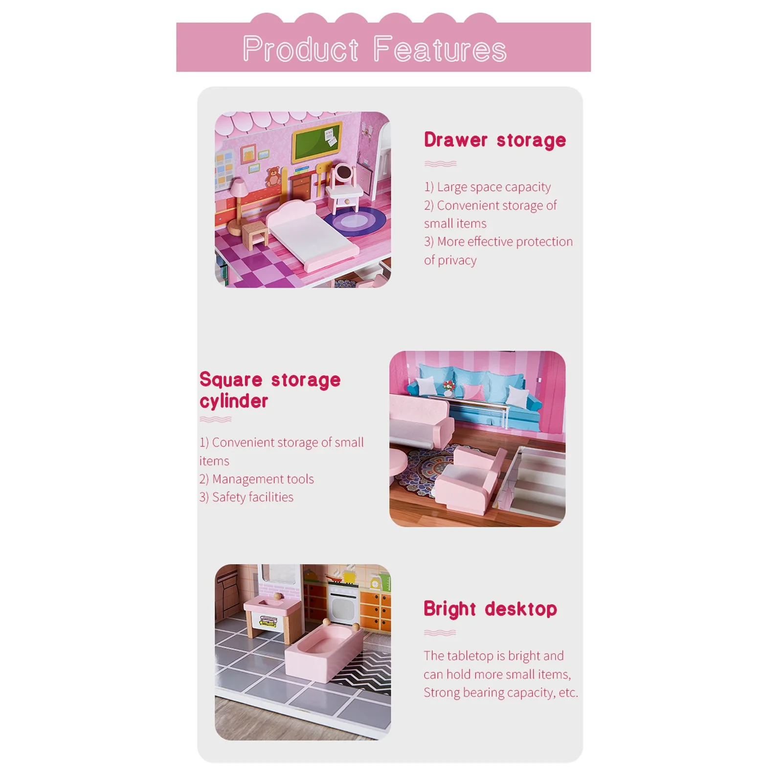 3-stöckiges Puppenhaus-Spielset aus Holz mit Möbeln, mehrere Räume für Mädchen, Kinder, Puppenhaus, Rollenspielspielzeug, Rosa