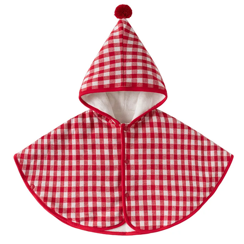 2026 Autumn Winter Newborn Girls Clothes Korean Cute Red Plaid Warm Fleece Hooded Christmas Shawl Cloak Baby Luxury Jacket B158