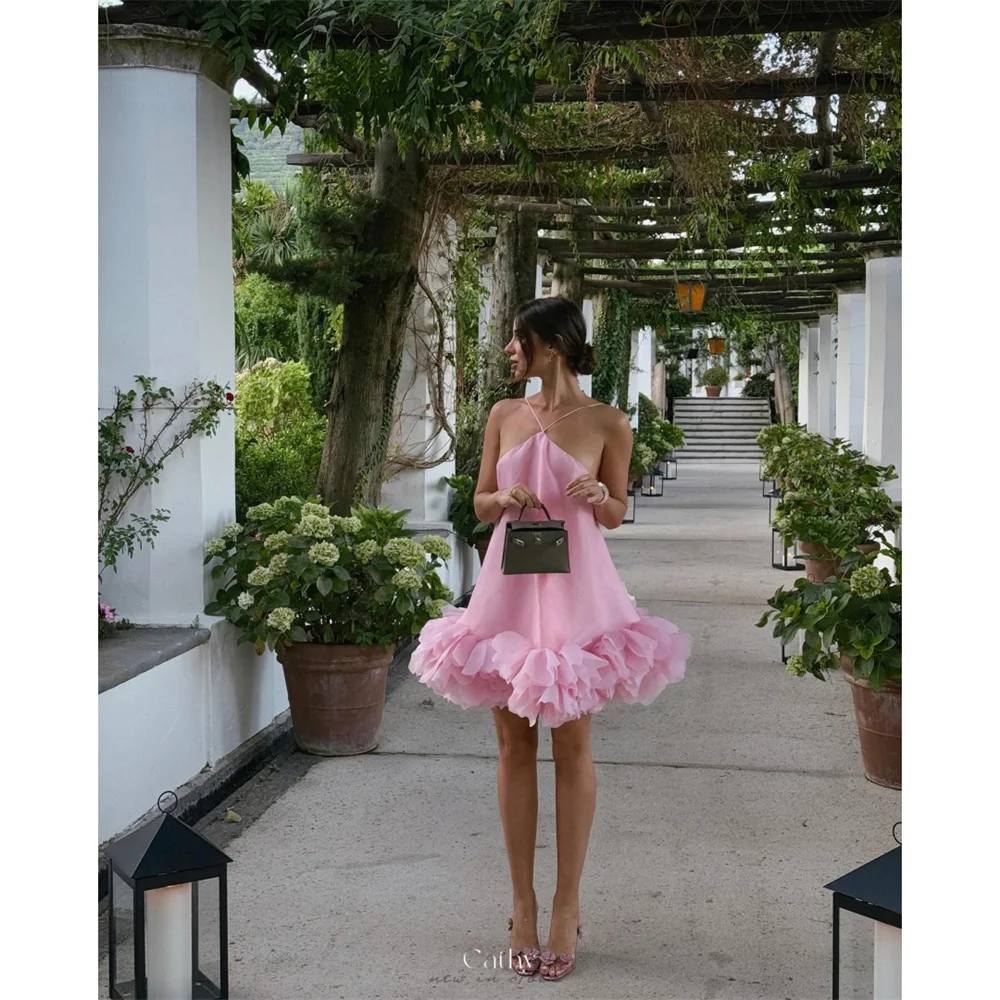 

Cathy Customized Pink Halter Floral Hem Prom Dresses Sleeveless Mini Fairy Vestidos De Noche Elegant A-line Formal Evening 2025