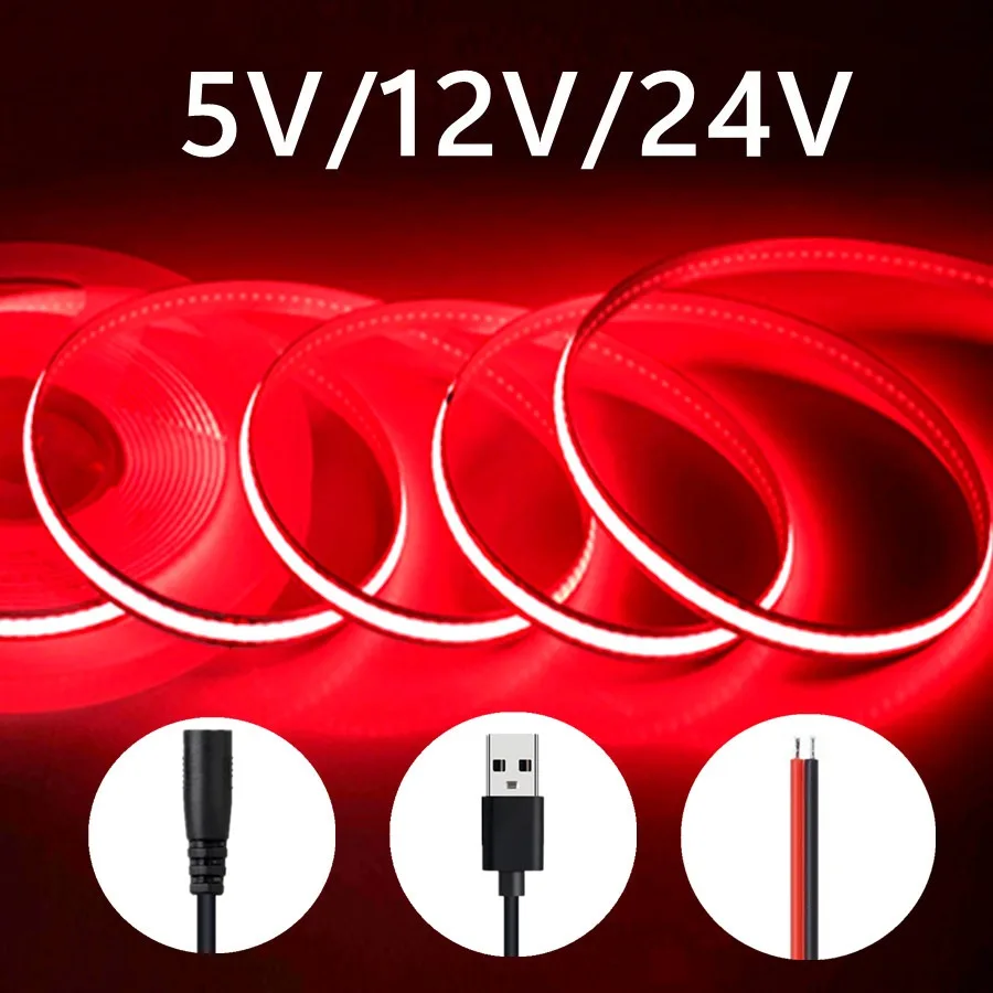 5V 12V 24V COB Strip 320Leds/M Width 8MM White/Pink/Red/Yellow/Ice Blue/Green TV Backlight Flexible Ribbon Rope LED Lighting