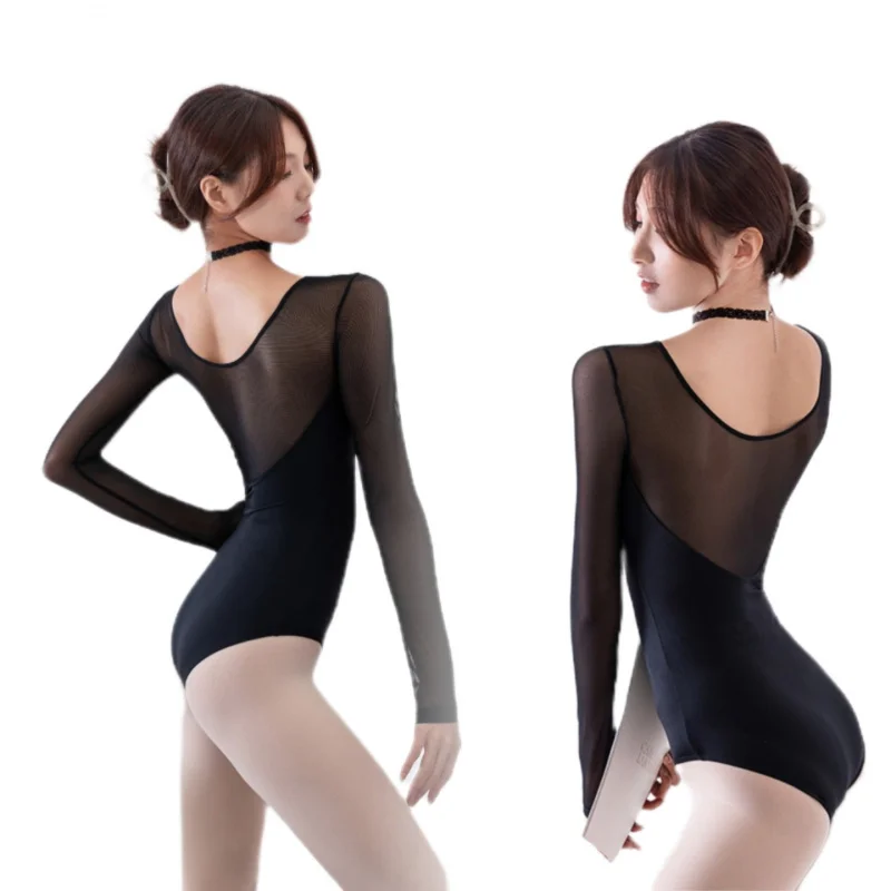 

Наряд для танцевальной практики для женщин, черный балетный трико из эластичной сетки с длинными рукавами, спортивный боди для йоги для взрослых