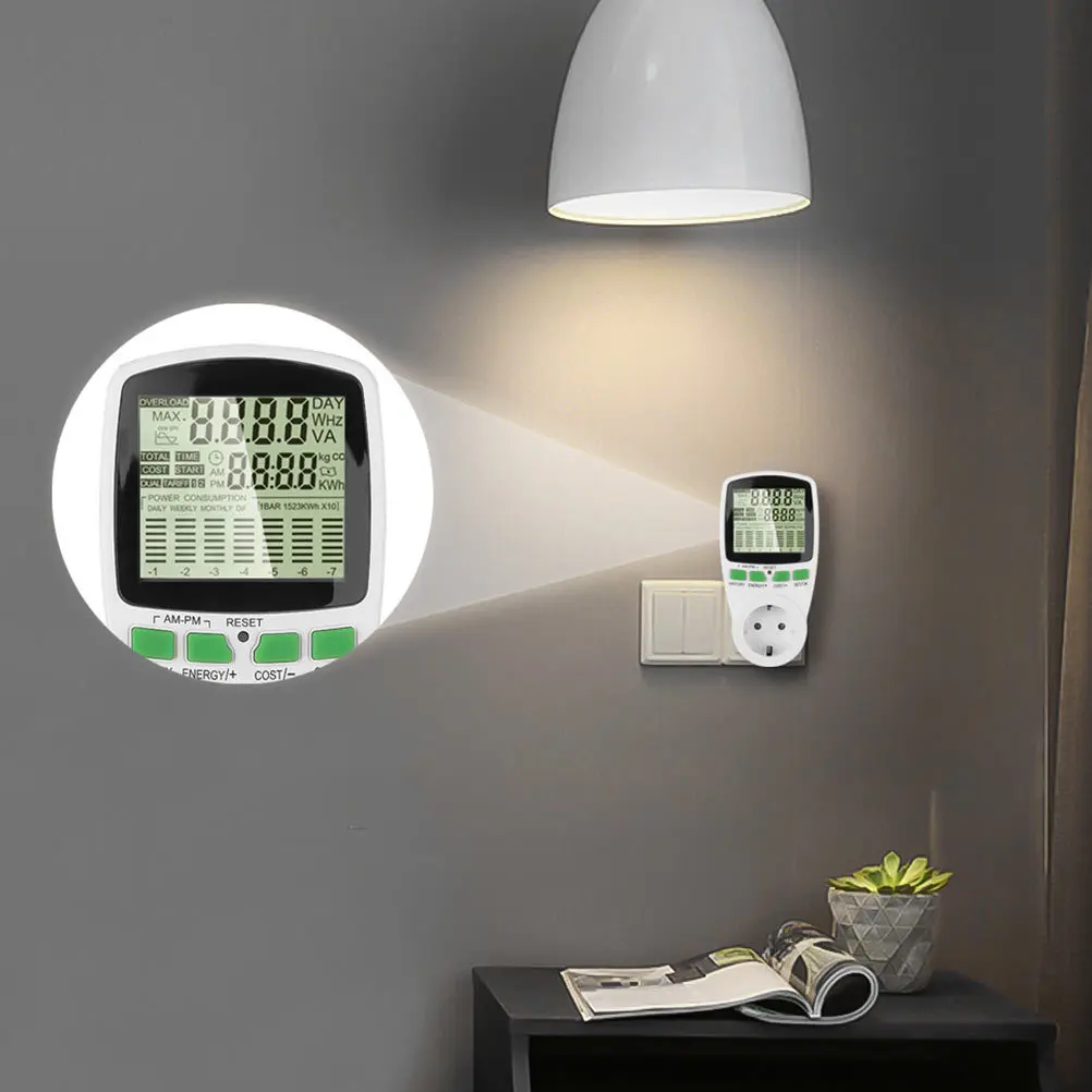 

Power Meter Plug Eu Plug Digital LCD Display Energy Consumption Monitor Electricity Usage Analyzer Voltage Amps Watt Power