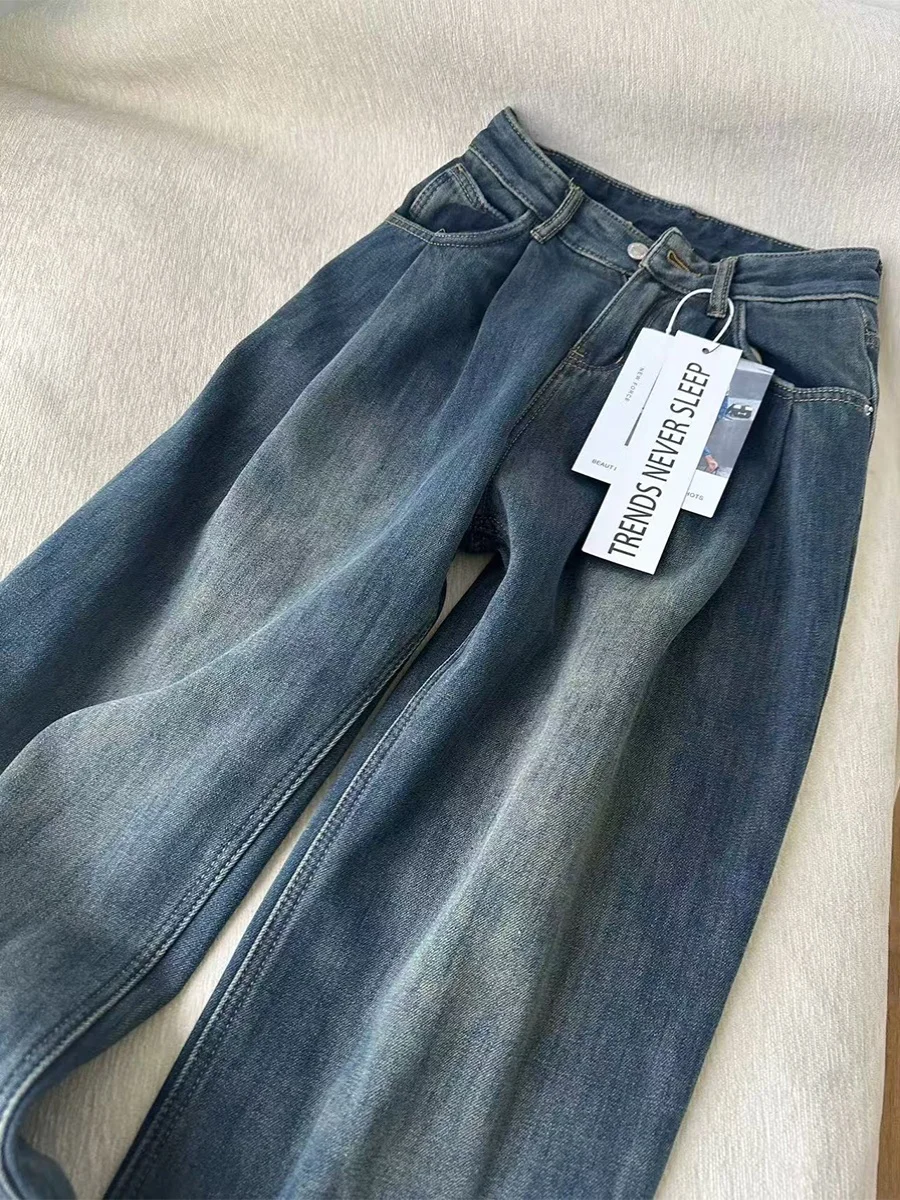 Thiened Fce taille haute jambe large jean femmes hiver nouveau Sle grande taille coupe ample coupe droite pantalons longs