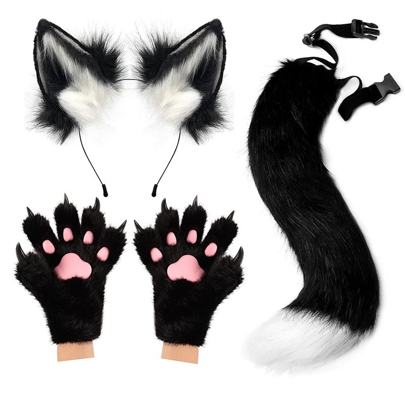 Halloween Animal Plush Cos Set Fox Ears Tail Full Finger Gloves Dress Up Suitable For Comic-Con Festival Ball Cosplay