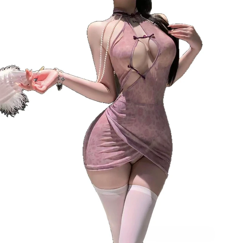 

Сексуальный комплект нижнего белья в стиле чонсам: соблазнительное китайское традиционное прозрачное платье-ципао с принтом, юбка для ролевых игр, женская домашняя одежда для сна, фиолетовый цвет