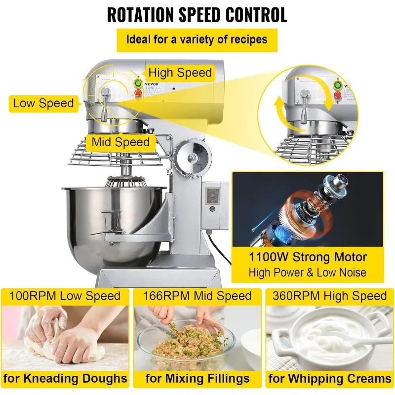 Commercial Mixer 1100W Stainless Steel Bowl Heavy Duty Electric Food Mixer Commercial with 3 Speeds Adjustable