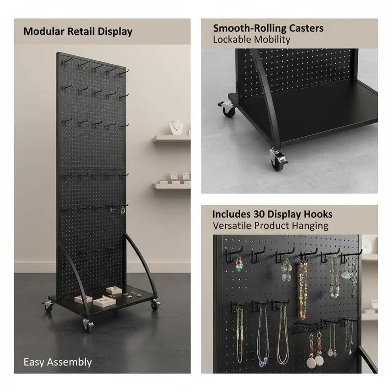 Mobil Sergi Rafı 23,7 x 66 inç Perakende Mağazası, Kuyumcu, El Sanatları Fuarı İçin, Soğuk Haddelenmiş Çelik Pegboard Panel, Tekerlekler, 30 Kancalı, Çift Taraflı Taban Plakası, Siyah