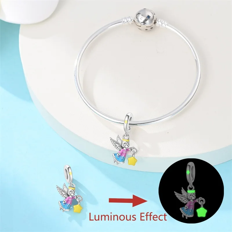 Art Style 925 Sterling Silver Starry Sky Sunflower Angel Heart Beads Dangle Charm Diy Handmade Jewelry Fit Bracelet Gift For Her