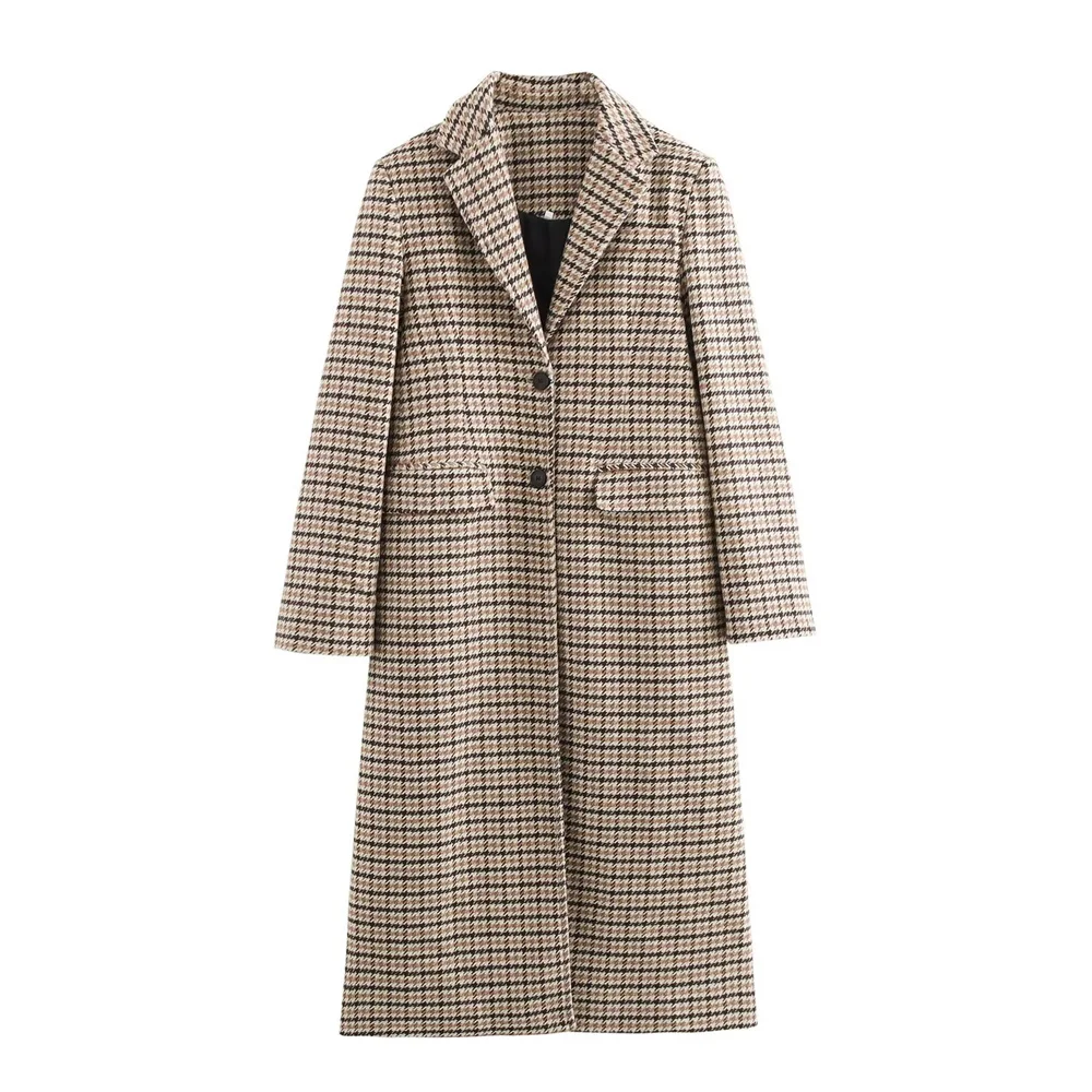 

Zach Ailsa Women's Autumn New Product Simple Collar Plaid Long Sleeve Straight Tube Long Coat Woolen Coat