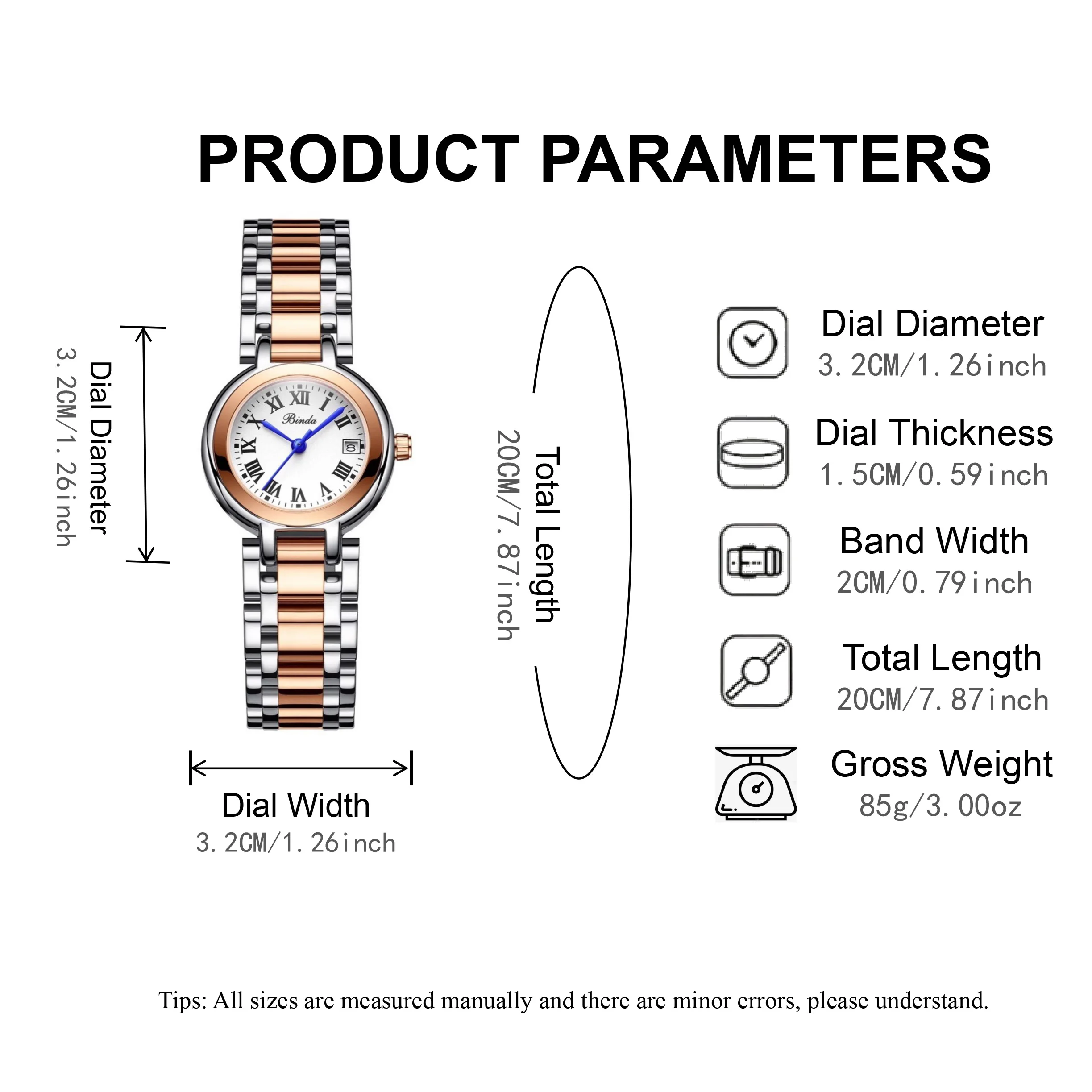ساعة بيندا كوارتز كلاسيكية أنيقة للنساء مقاس 32 ملم مع سوار ومشبك من الفولاذ المقاوم للصدأ