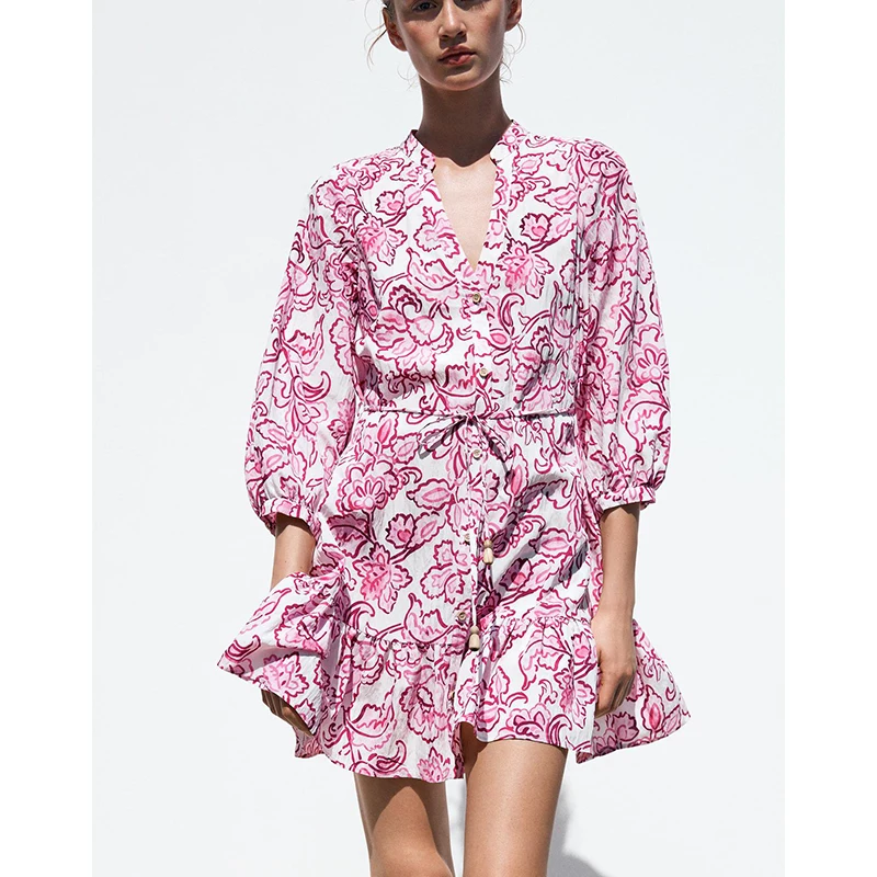 Verão novo feminino floral impressão v-ne dr bainha decorativa camadas casual sle fibra de poliéster ort sve saia linha a