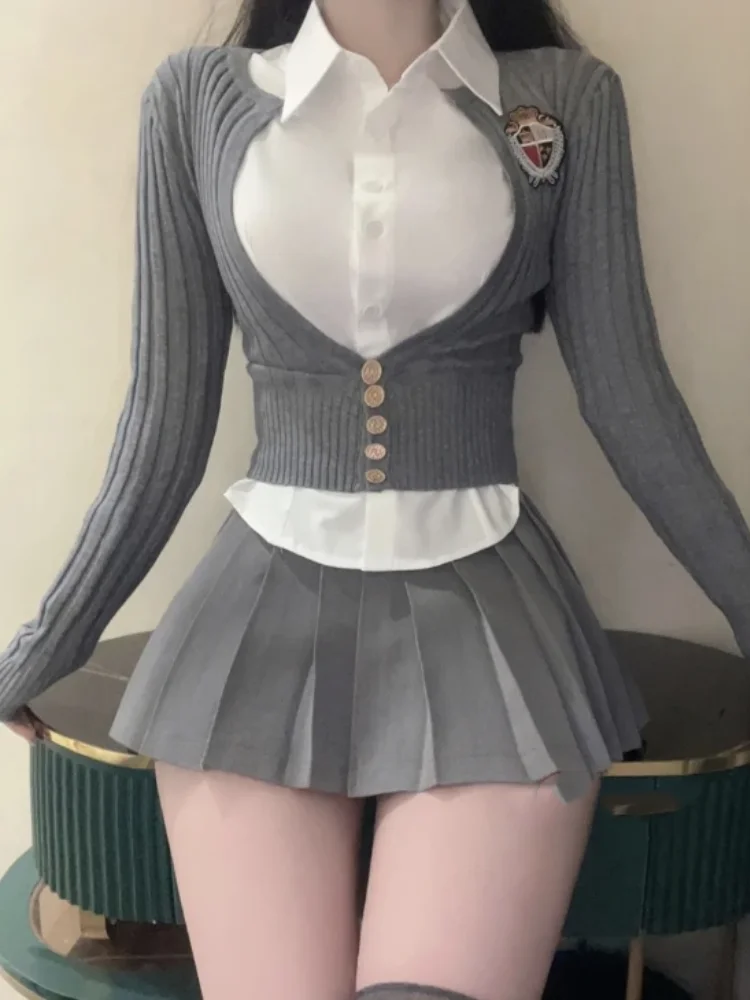 

Elegant 3 Piece Set Women Casual White Shirt Short Blazers Slim Fashion Mini Skirt Korean Style Suit Office Lady 2023 Summer