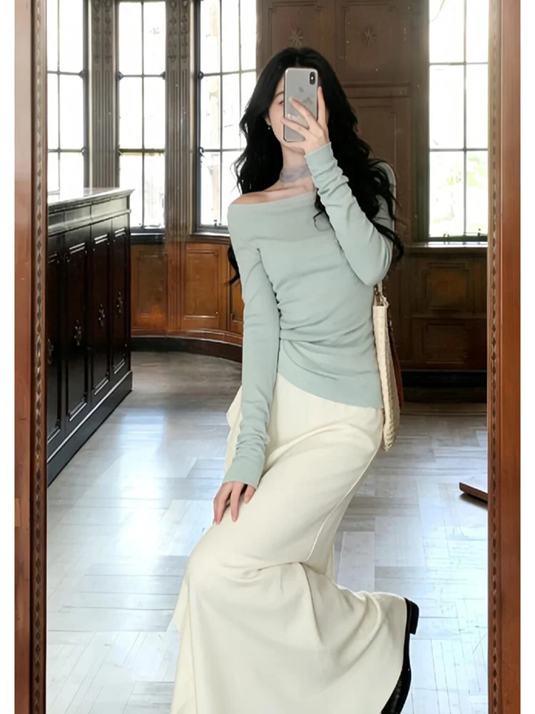 High Waist Slimming Gentle Long Skirt Women's Midi Skirt in Beige Color Summer New Style by MARIE.  High Quality Polyeste...