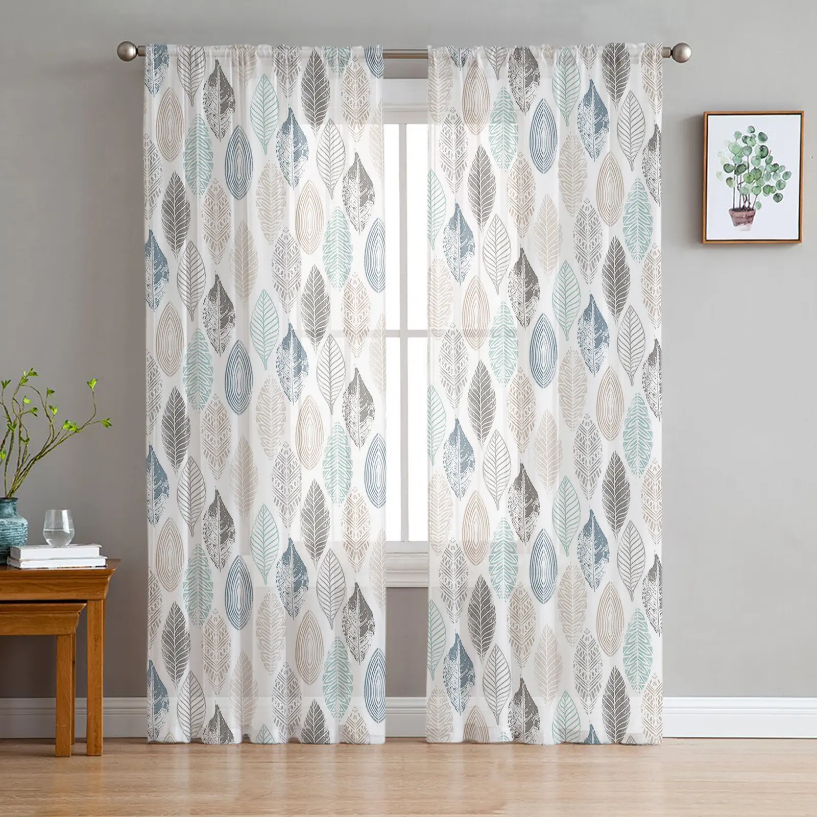 Leaves Blue Khaki Teal Grey Tulle Curtains Balcony Room Fashion Printed Sheer Curtain Living Room Window Modern Decor