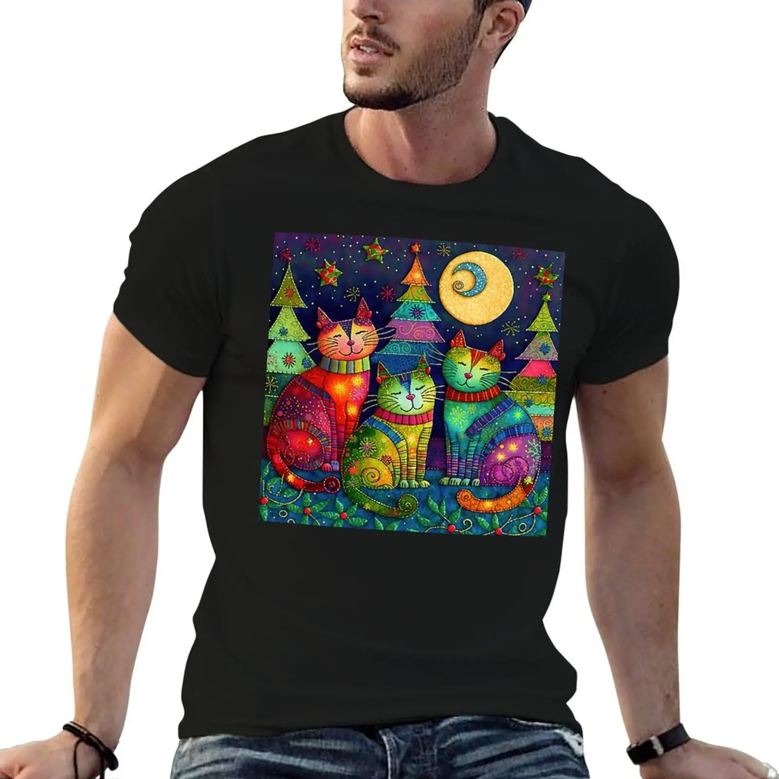 

Happy Friendly Colorful Cats 4 T-Shirt man t shirt heavy cotton t shirts for man slim fit T-Shirt