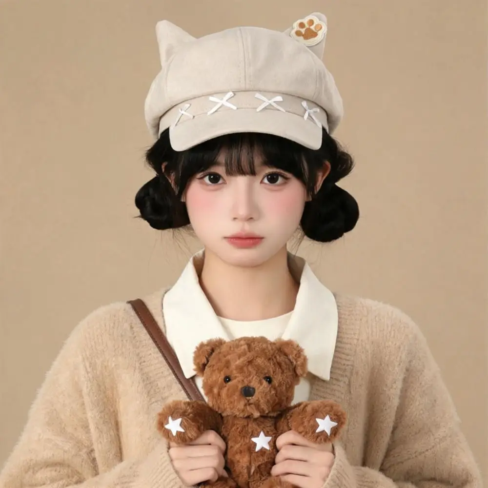 Fashion Embroidery Cat Ears Beret Y2K Claw Pattern Painter Artist Cap Spice Girl Bow Suede Octagonal Hat Travel 2