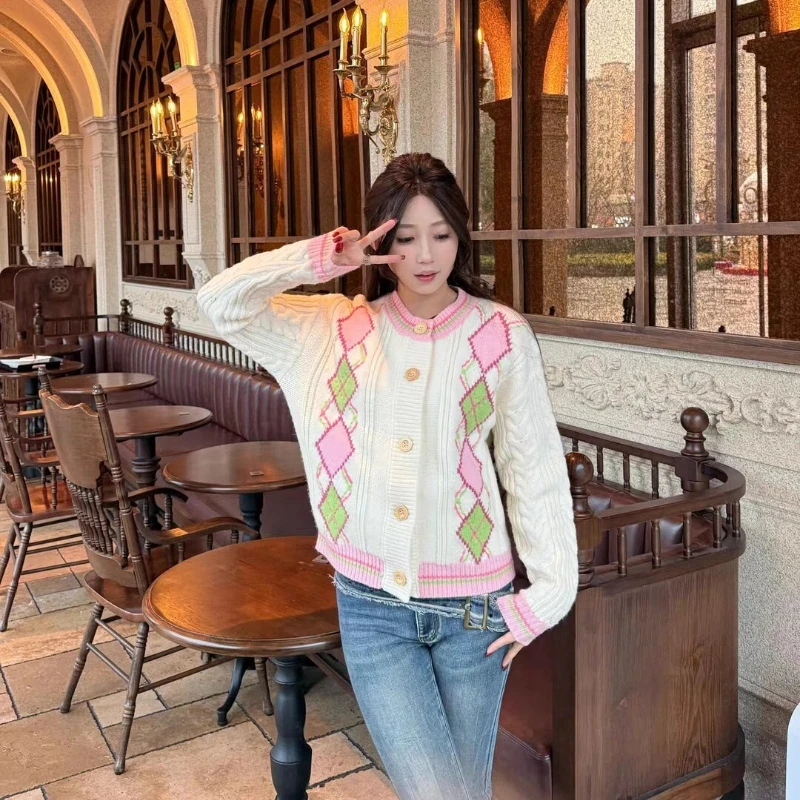 Women's 2026 Autumn Winter American Vintage Preppy Argyle Knit Cardigan Round Neck Cable Sweater Chic Coquette Trendy Top view 6