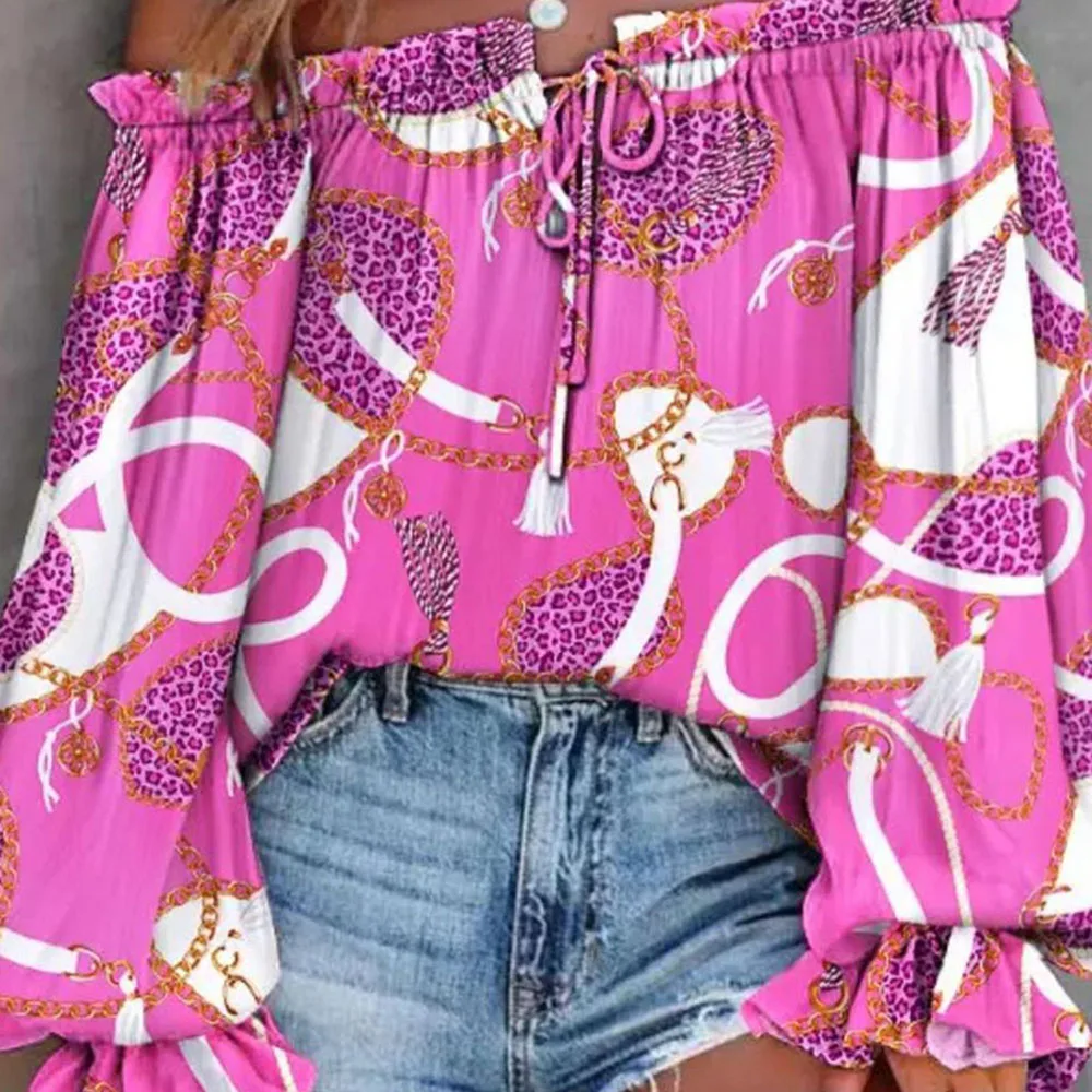 Plus Size Hot Pink Casual Off The Shoulder Fold Print Flare Sleeve Blouses