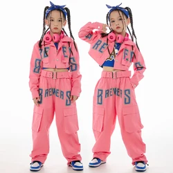 Pink Jazz Dance Clothes For Girls Hip Hop Costume Long Sleeves Coat Pants Kids Street Dance Performance Wear Stage Outfit L11884