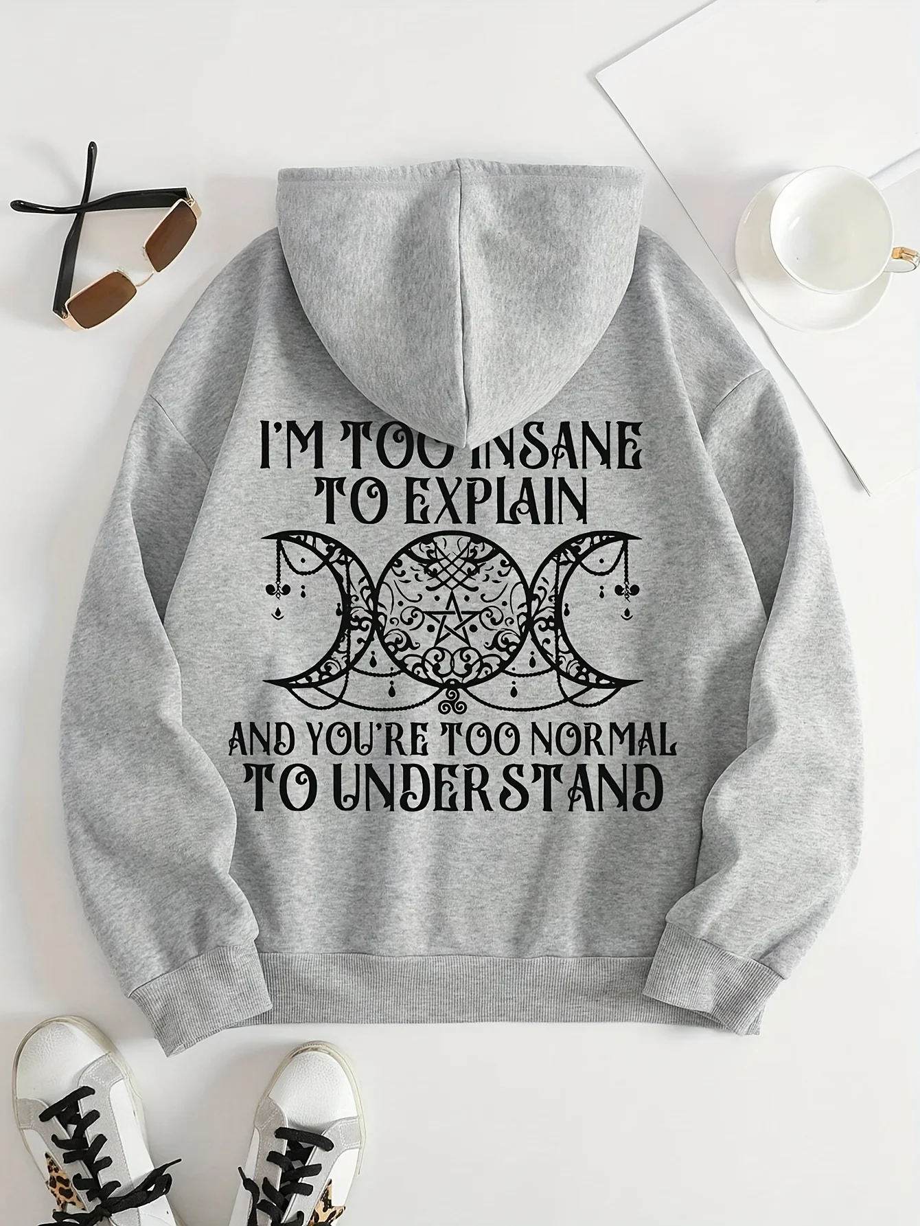 Talla grande: sudaderas con capucha con patrón de eslogan de dos círculos y medio círculo |   Estilo casual, cuello con capucha, tela ligera elástica, temporada otoño/invierno, Pul