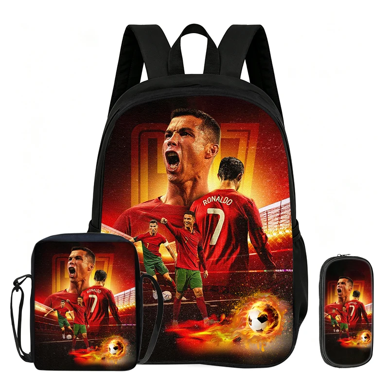 Leren, reizen, schoolschoudertas, potloodtassen, sportboekentas Ronaldo Kids 3-delige set rugzak voetbalster rugzak cadeau