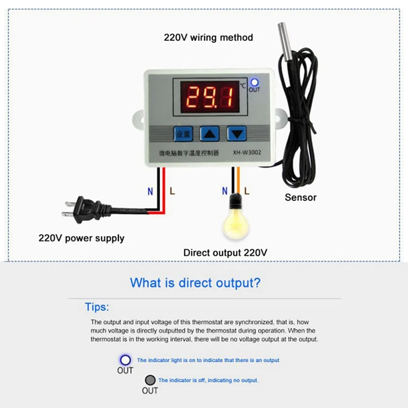 XH-W3002 Microcomputer Digital Thermostat With Probe Heat Cool Temp Thermostat Control Switch