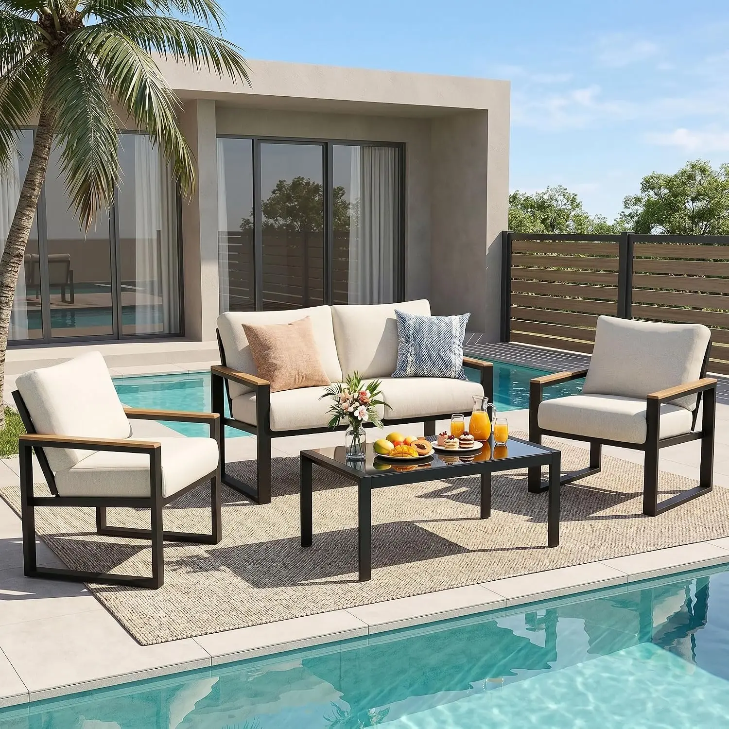 Metal Patio Furniture Set Wooden Armrest Sling Mesh Glass Table 4