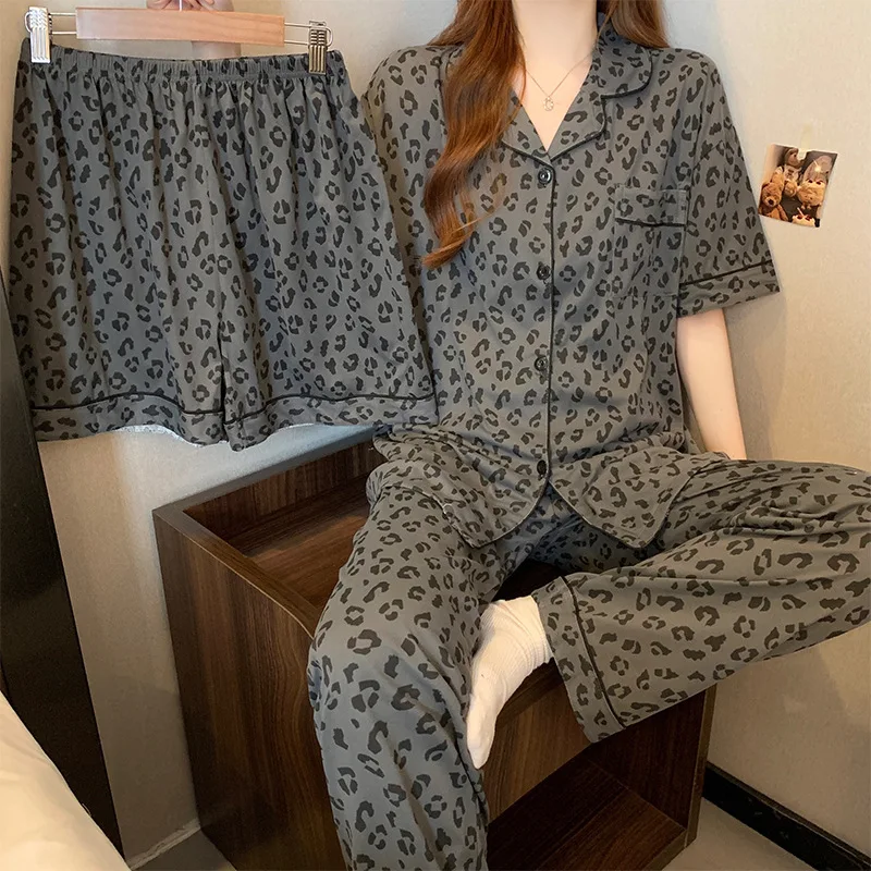 Women's Senior Sense of Leopard Print Spring and Summer Pajamas Three-Piece Girl American Retro Short-Sleeved Loungewear Set