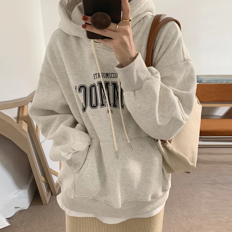 

Женская толстовка Liangliang Home в корейском стиле, утепленная флисом, с буквенным принтом, оверсайз, повседневный стиль для города