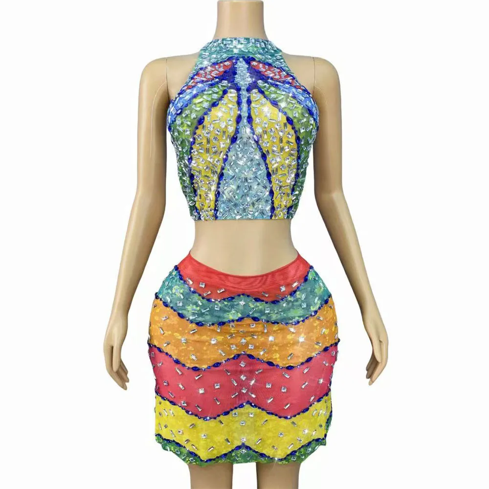 

Sexy Multicolor Sparkly Rhinestones Top Skirt Dress Set Singer Dancer Performance Birthday Party Celebrate Photoshoot Stage Wear